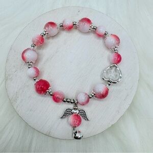 Pink  Beaded w/ Angel Charm Bracelet - Small wrists